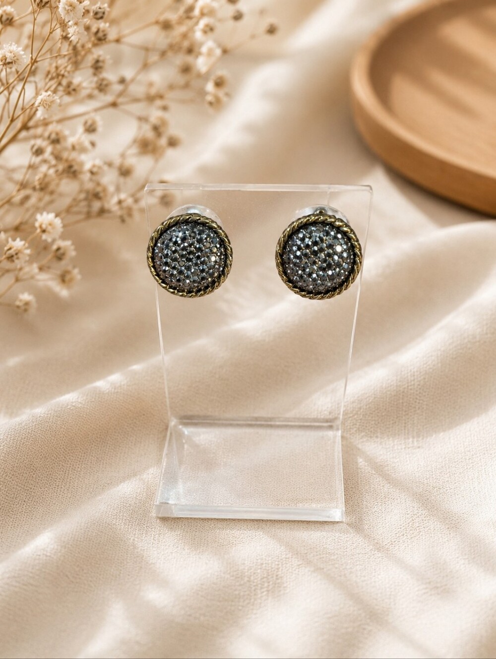 Round Pavé Crystal Stud Earrings - Gold Tone with Blue Crystals